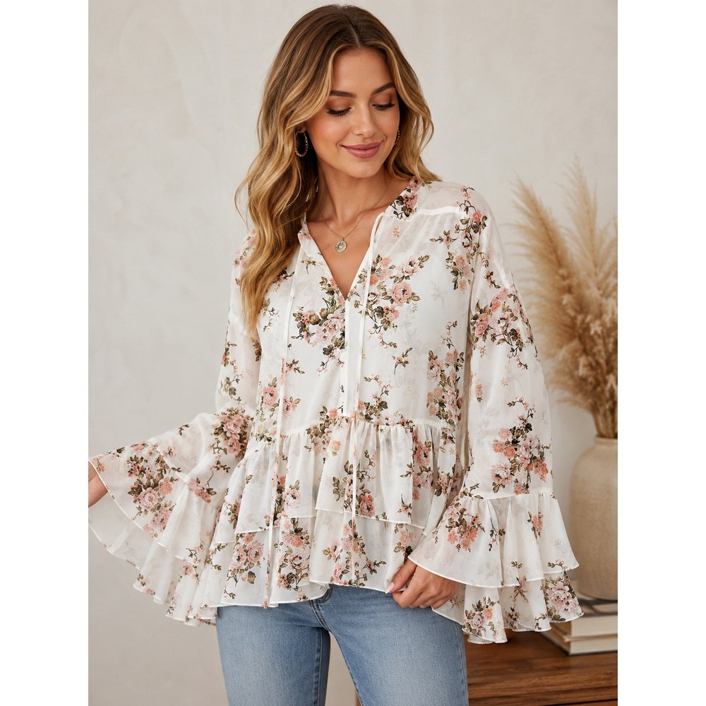 Cottagecore Romantic Cream Pink Floral Tiered Ruffle Sleeve Sheer Blouse Medium